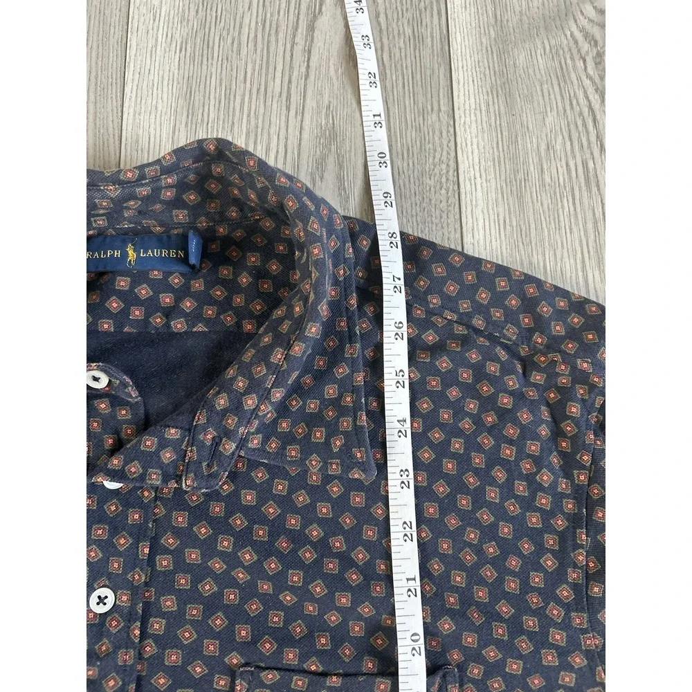 Polo Ralph Lauren Button Down LS Geometric Design Navy‎ Polo Shirt - XXL Used